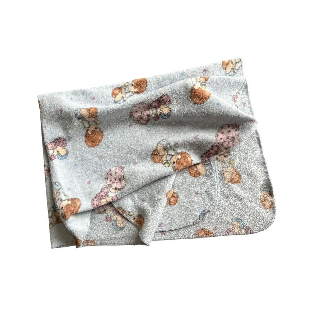 Precious Moments Baby Blanket Vintage Character Print Blue Fleece 90s Coquette